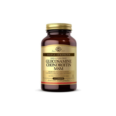 A bottle of Solgar Triple Strength Glucosamine Chondroitin MSM (Shelfish-free) 60 Tablets for joint support, presented on a white background.